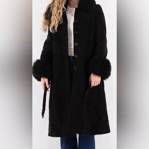 Vintage 70s Penny Lane Suede Coat - Black Long Trench Coat with Faux Fur Cuffs